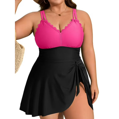 Asoul Womens Plus Size Scalloped V Neck One Piece Swimsuits Side Tie Knot Swimdress Bathing Suits