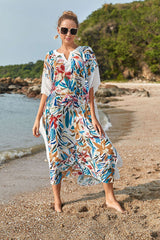 Abstract Print Romantic Half Sleeve White Beachwear