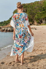 Abstract Print Romantic Half Sleeve White Beachwear