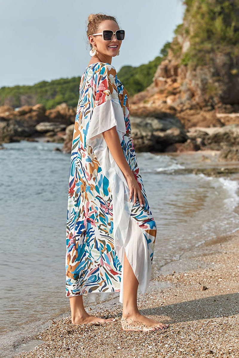 Abstract Print Romantic Half Sleeve White Beachwear