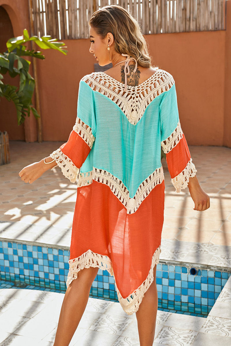 Hit Color Patchwork Girly Hollow-Out Knotted Beachwear
