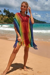 Rainbow Colorful Hollow-Out Side Slit Tassels Beachwear