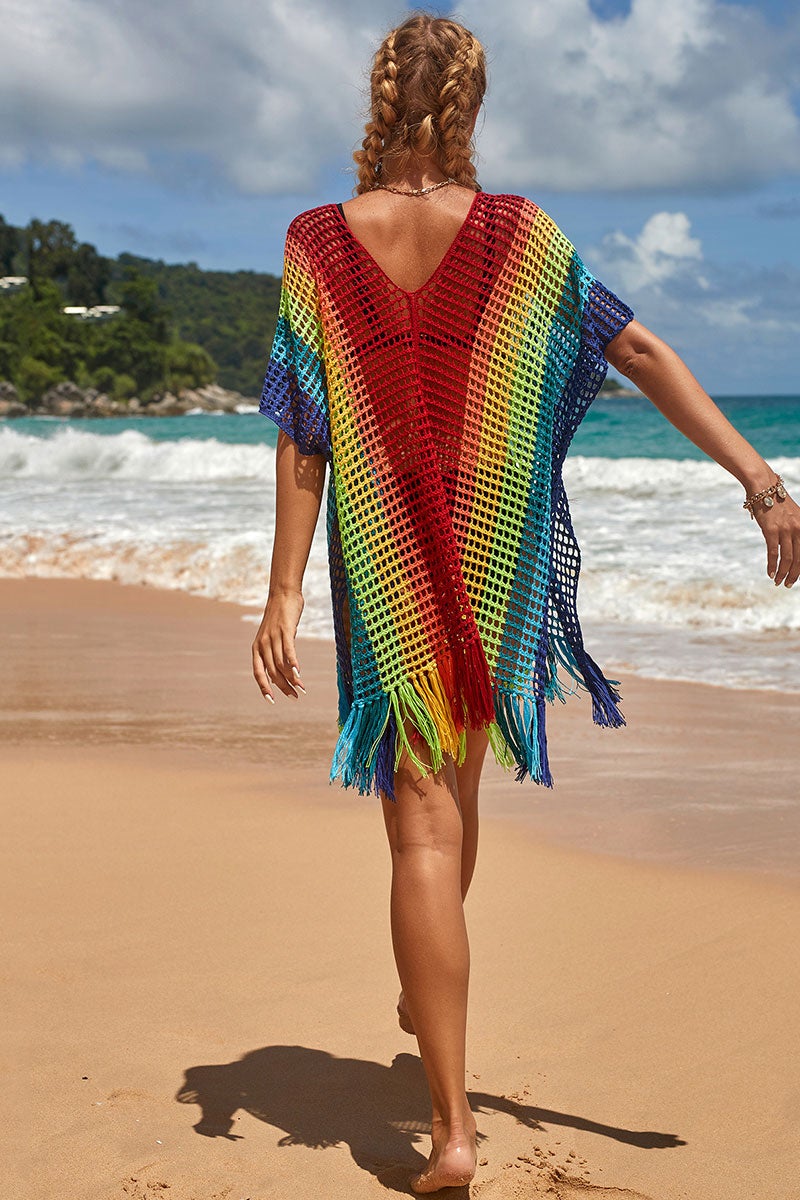 Rainbow Colorful Hollow-Out Side Slit Tassels Beachwear