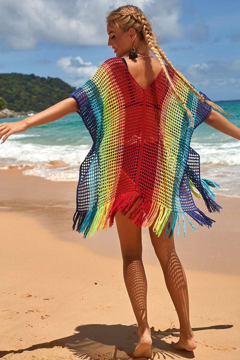 Rainbow Colorful Hollow-Out Side Slit Tassels Beachwear