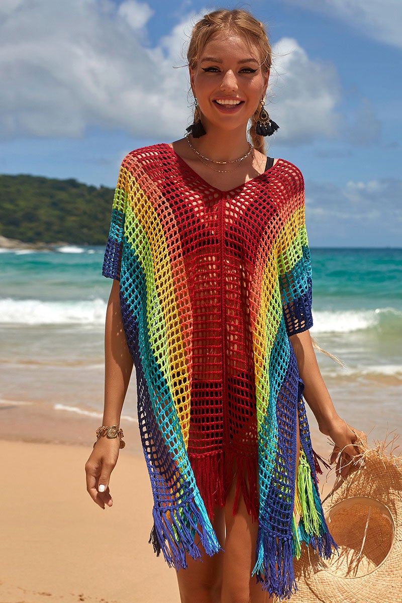 Rainbow Colorful Hollow-Out Side Slit Tassels Beachwear