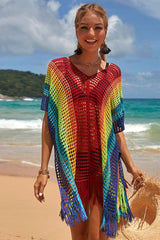 Rainbow Colorful Hollow-Out Side Slit Tassels Beachwear