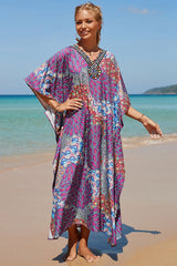 Peacock Feather Print V Neck Feminine Side Split Beachwear