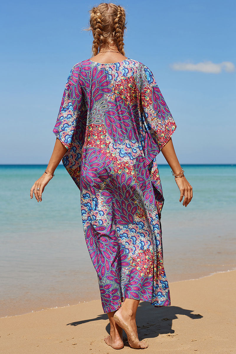 Peacock Feather Print V Neck Feminine Side Split Beachwear