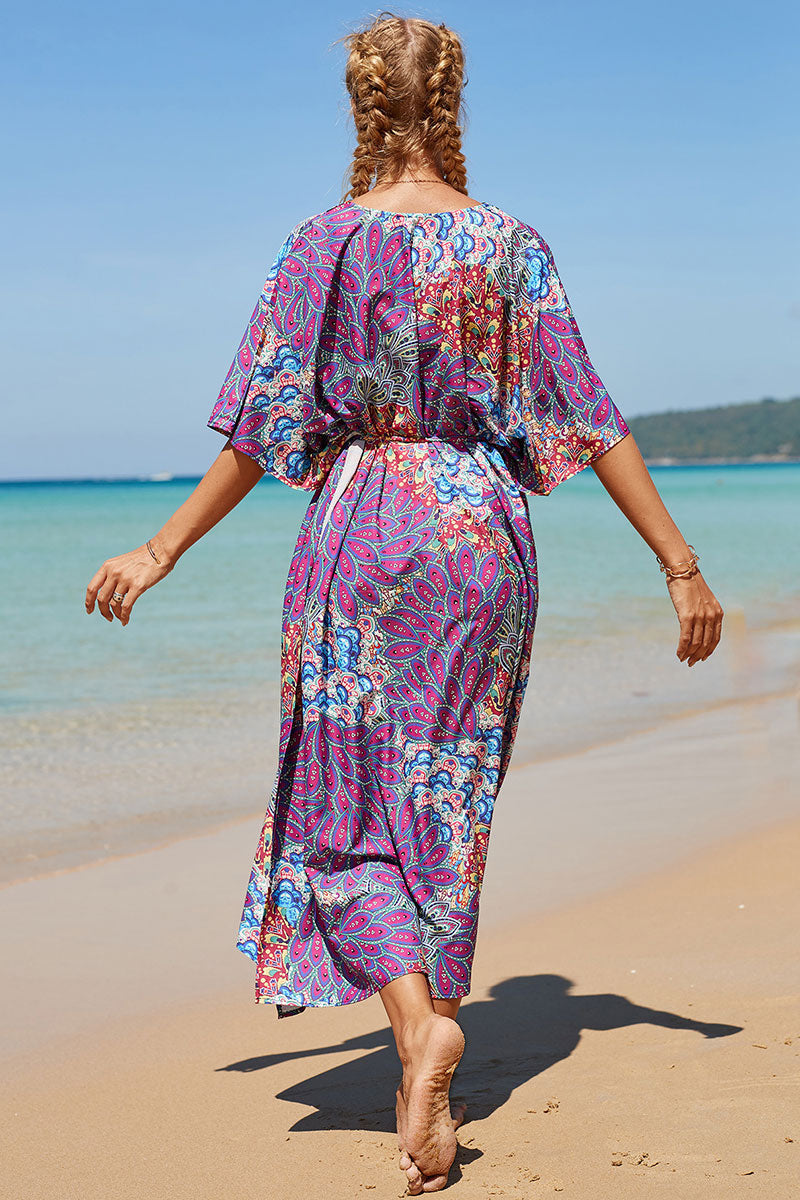 Peacock Feather Print V Neck Feminine Side Split Beachwear