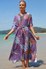 Peacock Feather Print V Neck Feminine Side Split Beachwear