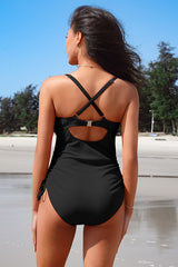 Solid Color Scalloped V Neck Lace Up Cirss Cross One-piece Swimsuit