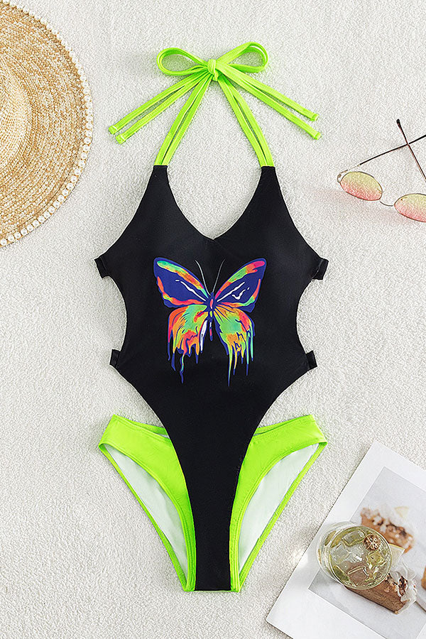 Cut Out Halter Knotted Butterfly Pattern One Piece Swimsuit