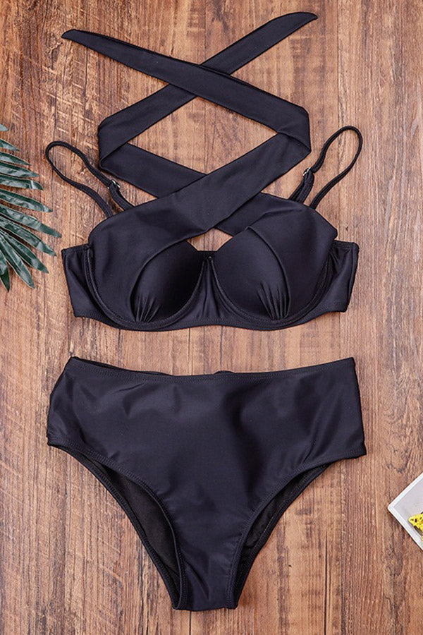Black Solid Color Cirss Cross Halter Bikini Set