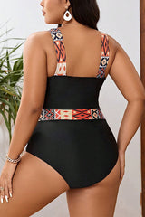 Plus Size Black Geometry Pattern Wide Strap One Piece Swimsuit