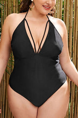 Plus Size Black Halter Spegatti Strap One Piece Swimsuit