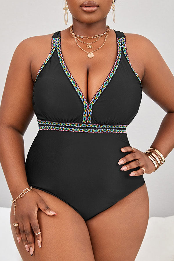 Plus Size Wide Strap V Neck Cirss Cross One Piece Swimsuit