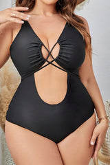 Plus Size Black Solid Color Lace Up Cut Out One Piece Swimsuit