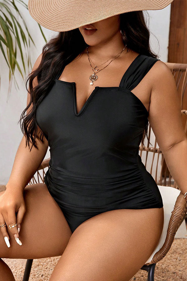 Plus Size Black V Neck Solid Color One Piece Swimsuit