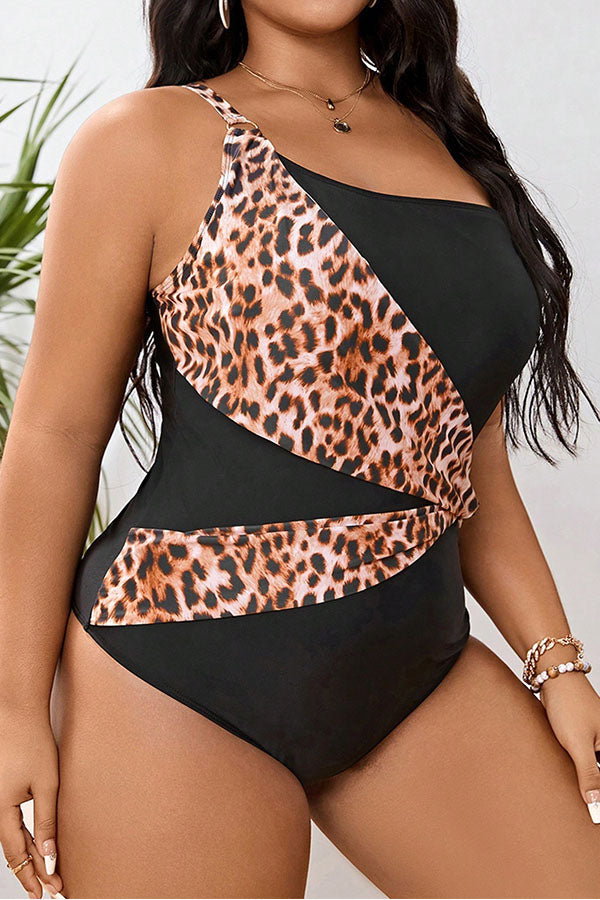 Plus Size Leopard One Shoulder One Piece Swimsuit
