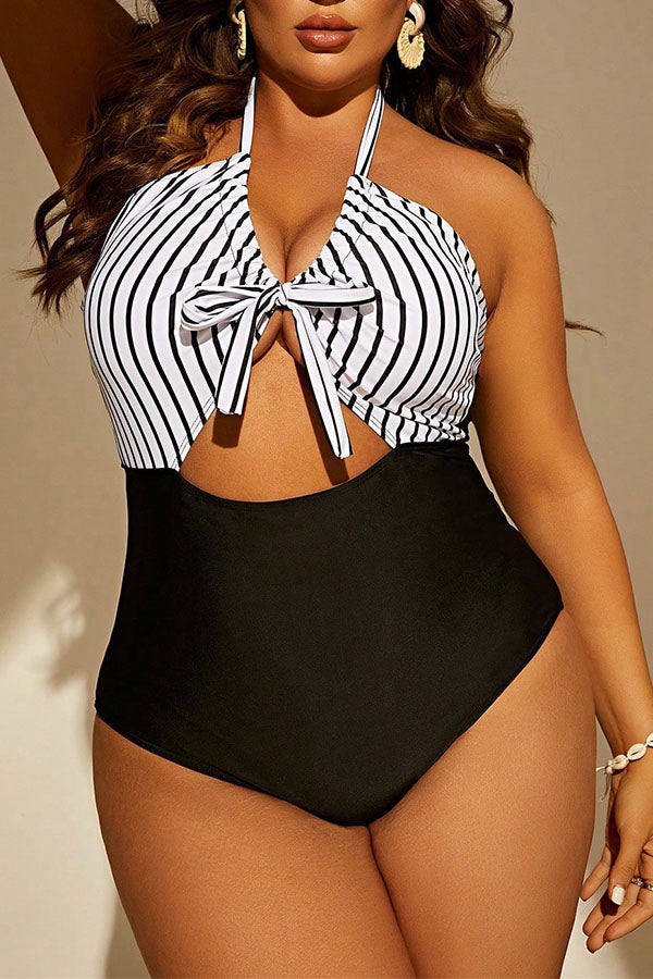 Plus Size Ruching Knotted Stripe One Piece Swimsuit