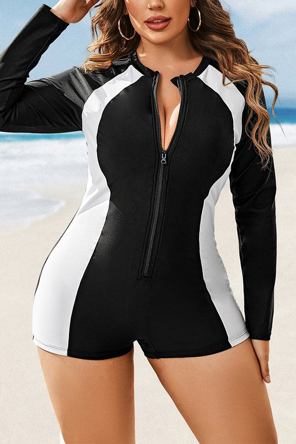 Plus Size Long Sleeves Color Block Zipper One Piece Swimsuit