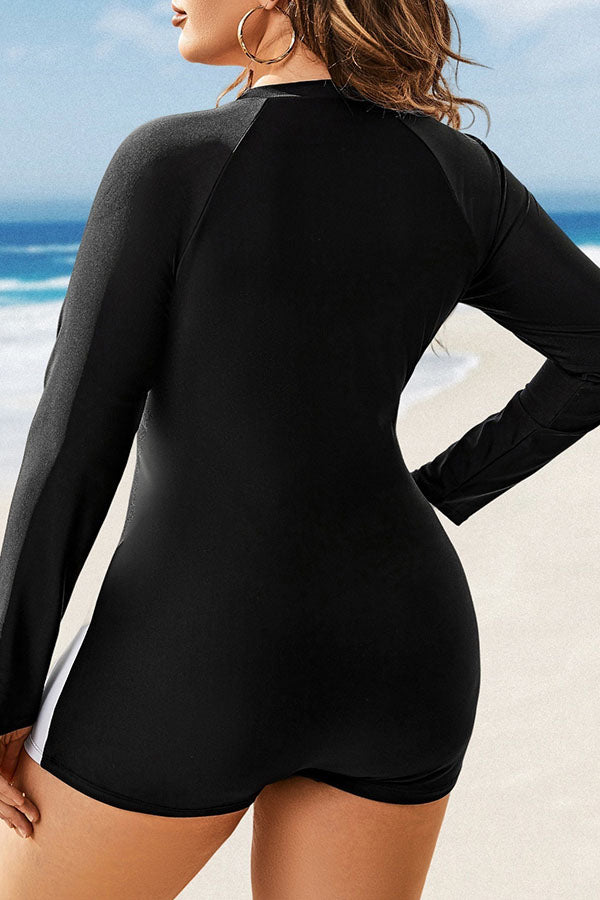 Plus Size Long Sleeves Color Block Zipper One Piece Swimsuit