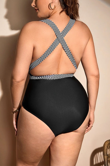 Plus Size V Neck Cirss Cross One Piece Swimsuit