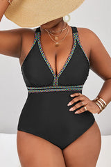 Plus Size Wide Strap V Neck Cirss Cross One Piece Swimsuit