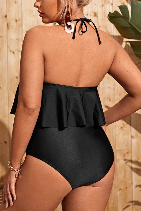 Plus Size Halter Ruffle Tummy Control One Piece Swimsuit