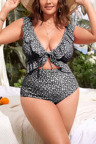 Plus Size Floral Print V Neck Ruffle Ruching Cut Out One Piece Swimsuit