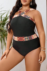 Plus Size Black Geometry Pattern Wide Strap One Piece Swimsuit