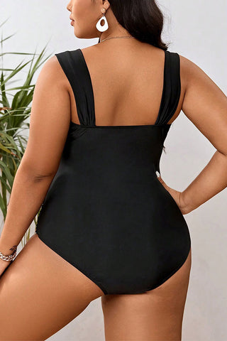 Plus Size Black V Neck Solid Color One Piece Swimsuit