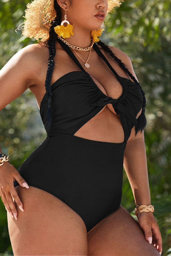 Plus Size Solid Color Ruching Knotted Cut Out One Piece Swimsuit