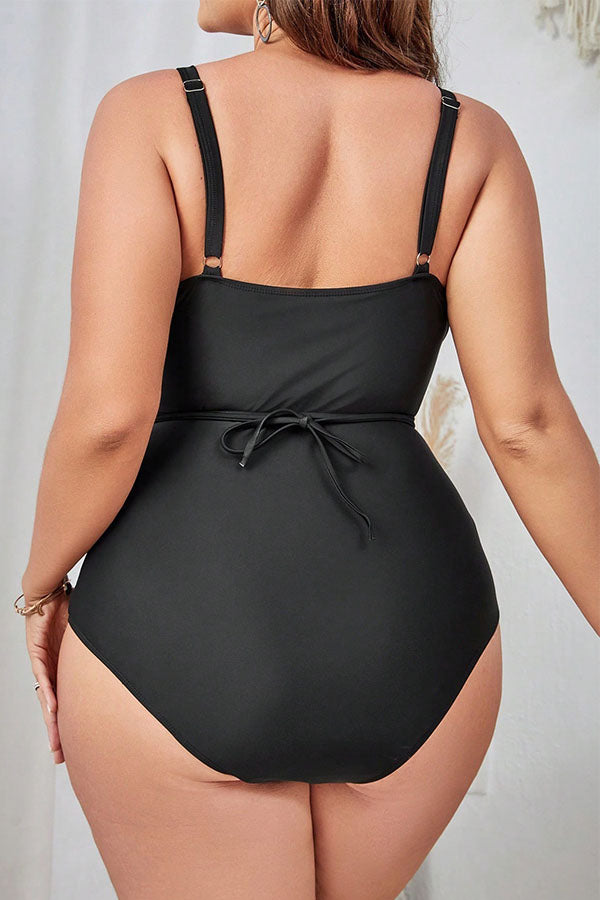 Plus Size Black Solid Color Lace Up Cut Out One Piece Swimsuit