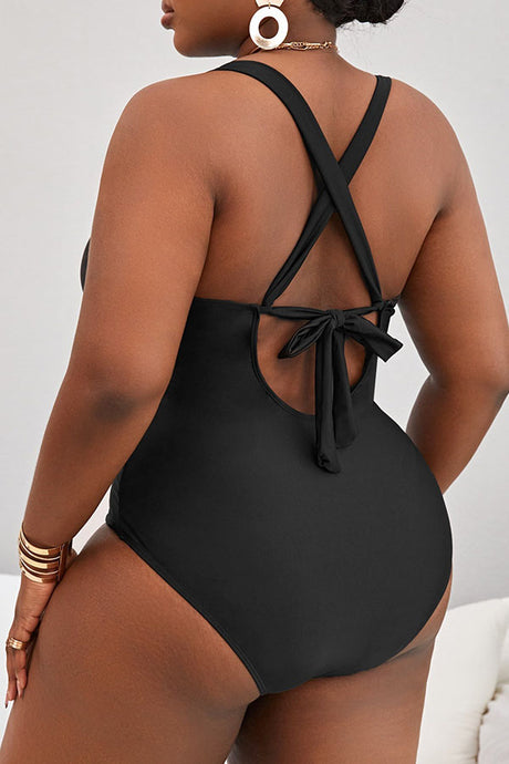 Plus Size Wide Strap V Neck Cirss Cross One Piece Swimsuit