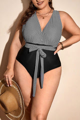 Plus Size V Neck Cirss Cross One Piece Swimsuit