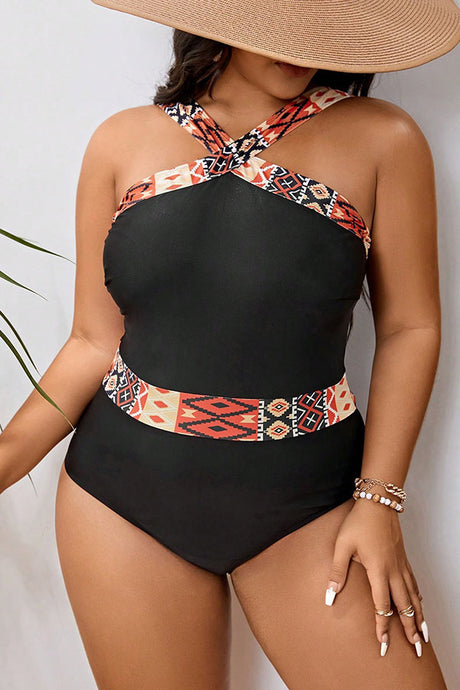 Plus Size Black Geometry Pattern Wide Strap One Piece Swimsuit