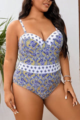 Plus Size Boho Floral Print V Neck One Piece Swimsuit