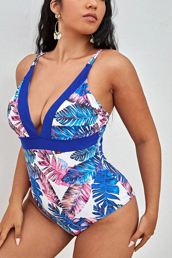 Plus Size Leaves V neck Cirss Cross One Piece Swimsuit