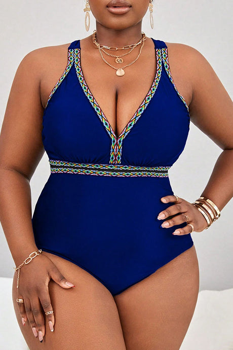 Plus Size Wide Strap V Neck Cirss Cross One Piece Swimsuit