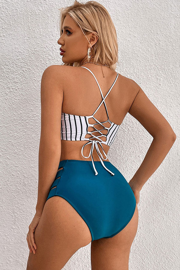Stripe Lace Up & Cut Out Bikini Set