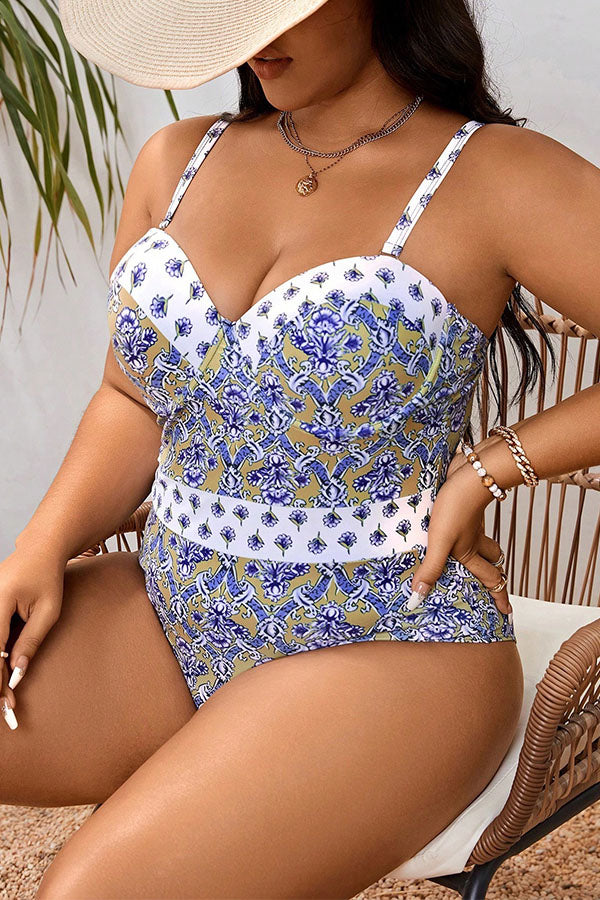 Plus Size Boho Floral Print V Neck One Piece Swimsuit