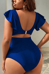 Plus Size Solid Color V Neck Ruffle Ruching Cut Out One Piece Swimsuit