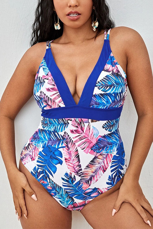 Plus Size Leaves V neck Cirss Cross One Piece Swimsuit