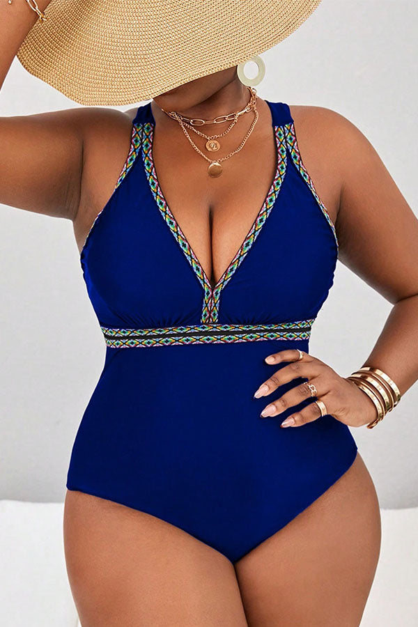 Plus Size Wide Strap V Neck Cirss Cross One Piece Swimsuit