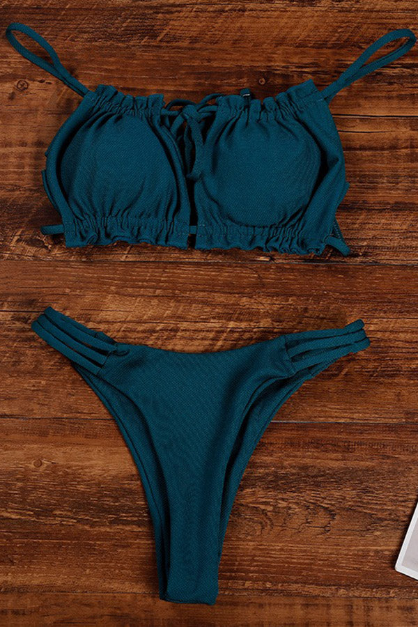Solid Color Ruching Knotted Bikini Set