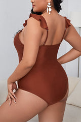 Plus Size Brown Solid Color Cut Out One Piece Swimsuit