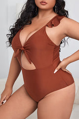 Plus Size Brown Solid Color Cut Out One Piece Swimsuit