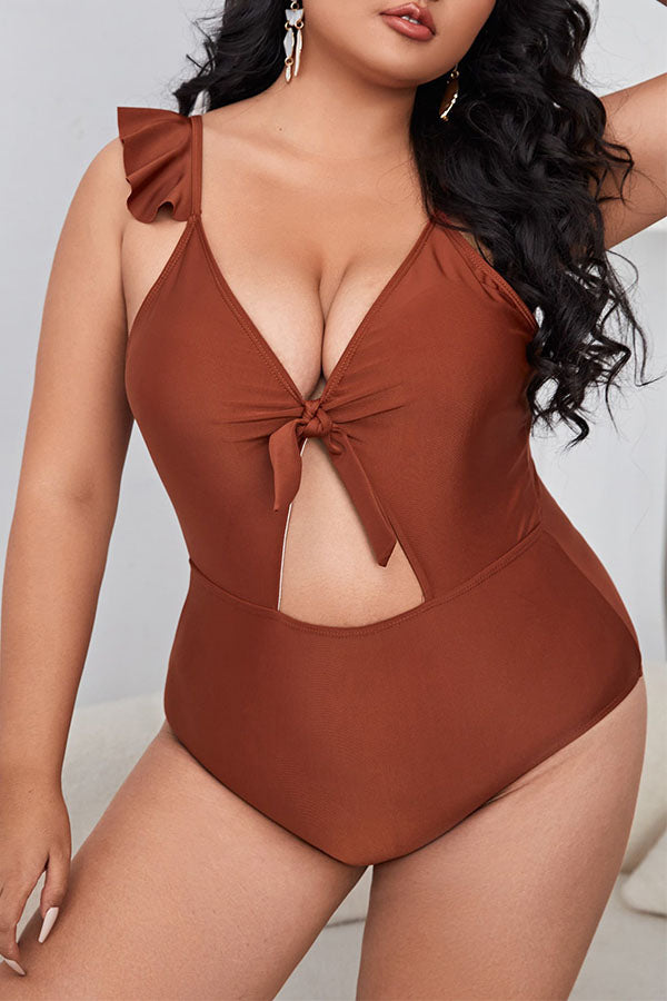 Plus Size Brown Solid Color Cut Out One Piece Swimsuit