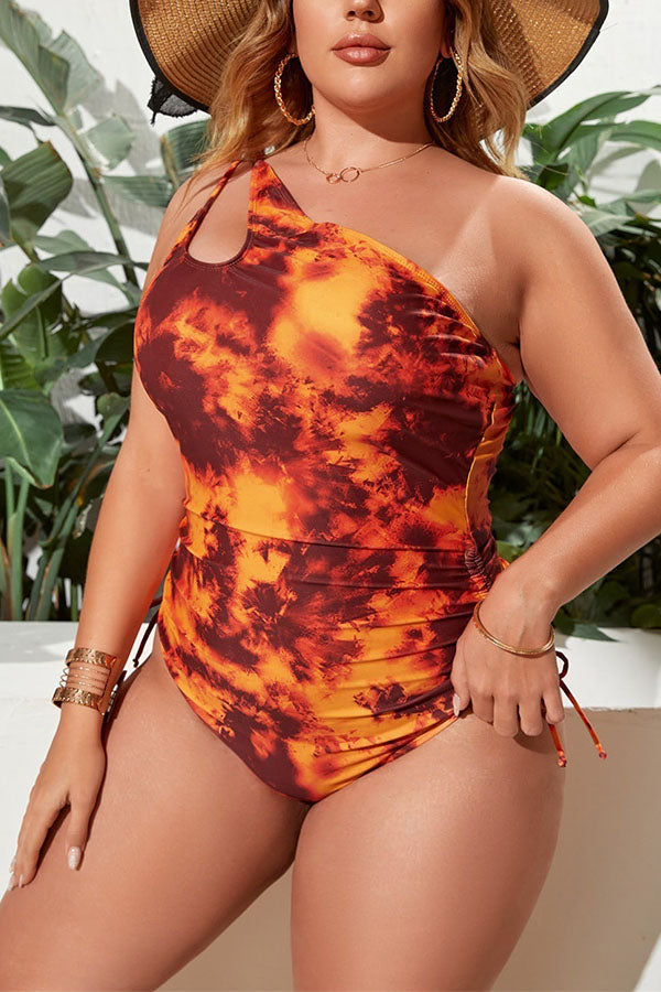 Plus Size Ruching One Shoulder Cut Out One Piece Swimsuit